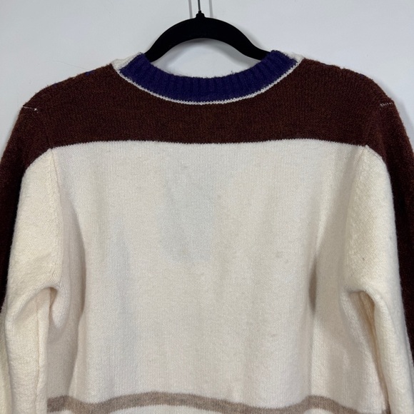 EXUS Striped Knit Sweater V-Neck Brown Cream Blue Size M Women’s Casual Pullover - Picture 9 of 13